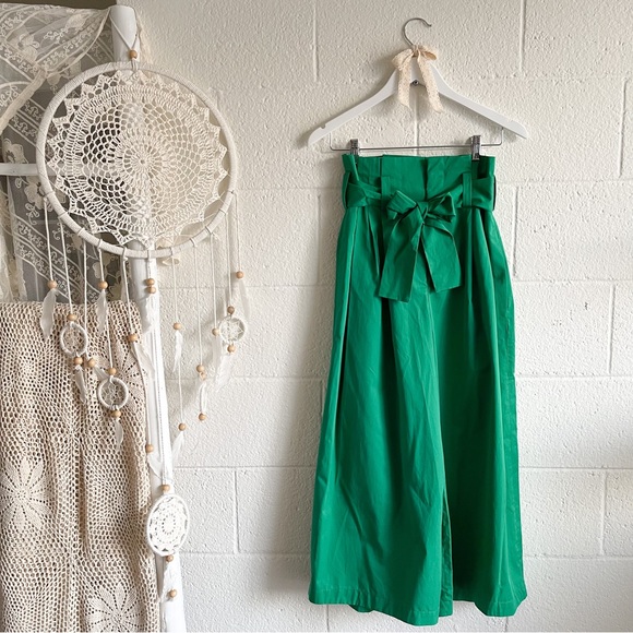 NWT Zara Green Cotton High Waist Belt Wide Leg Pants - Picture 5 of 13